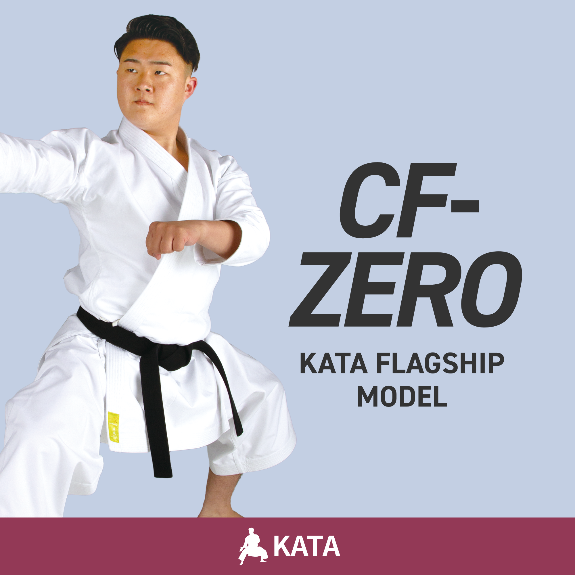 Person in white martial arts uniform with black belt performing a kata, against a light blue background with 'CF-ZERO' and 'KATA' branding.