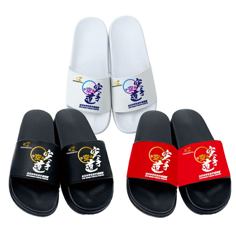 Three pairs of sandals in black, white, and red with brand logos on a white background