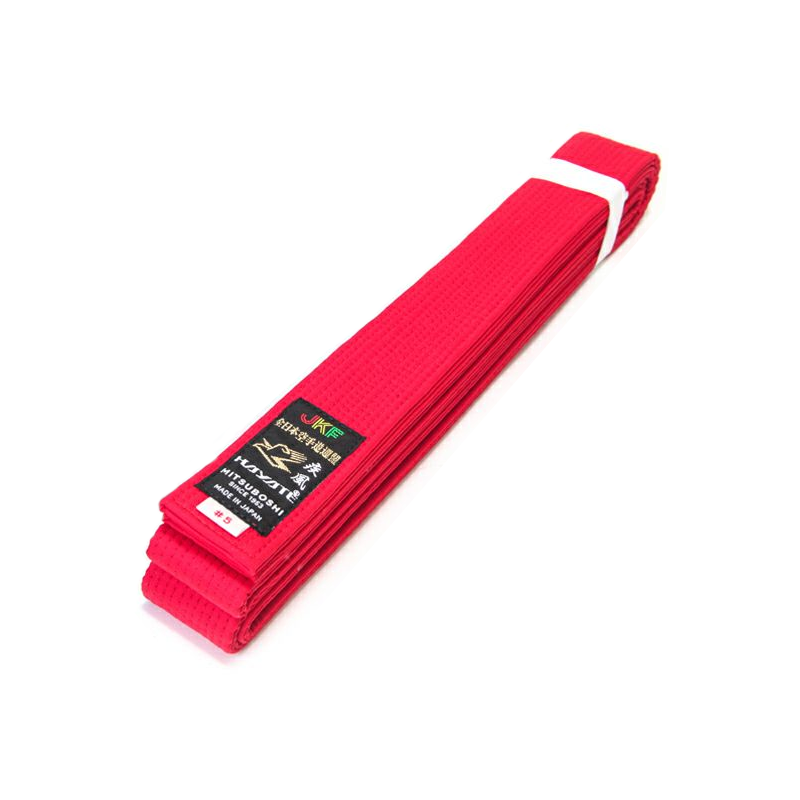 Red belt with a Hayate brand label on a white background