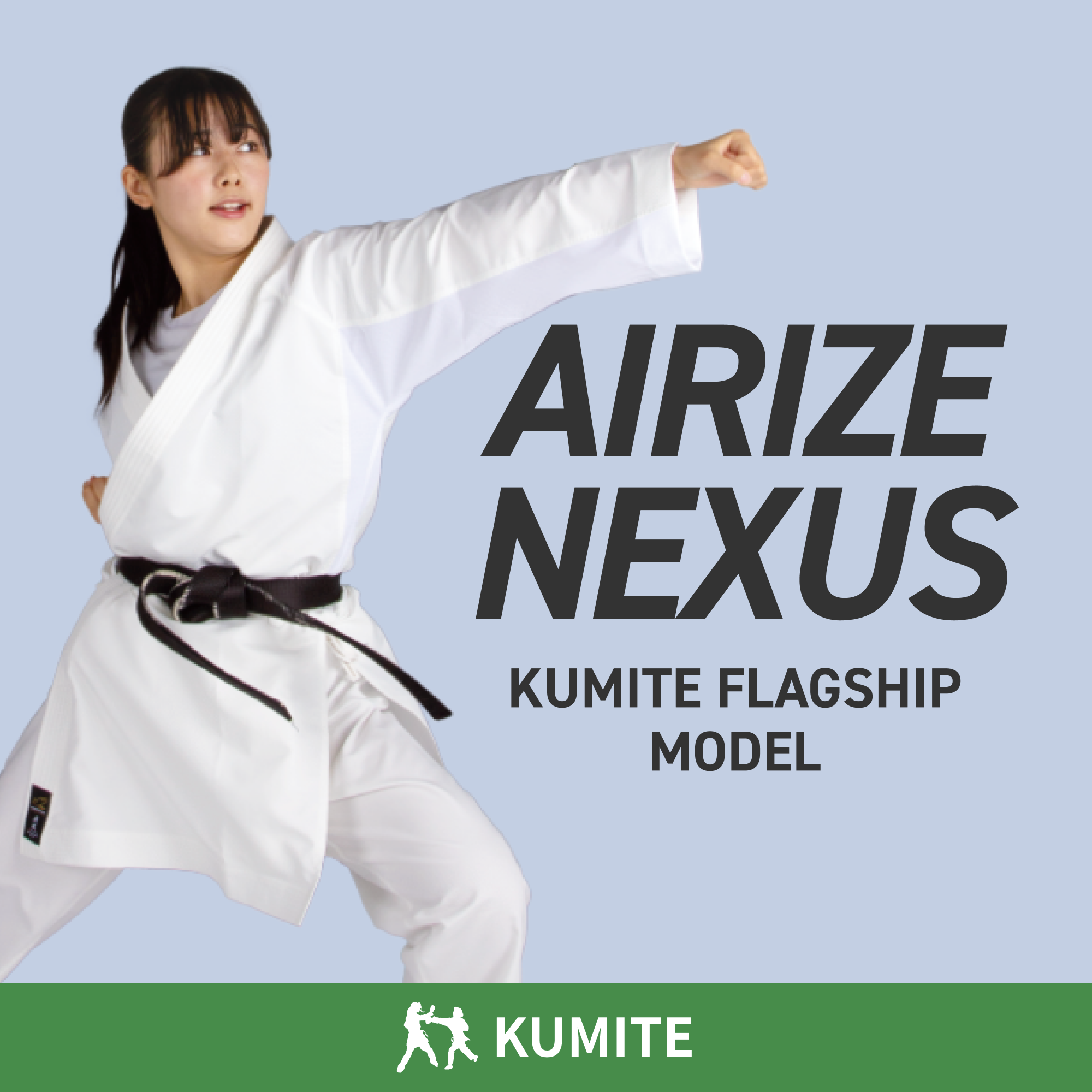 Person in Hayate white martial arts uniform with 'AIRIZE NEXUS' text on a light blue background