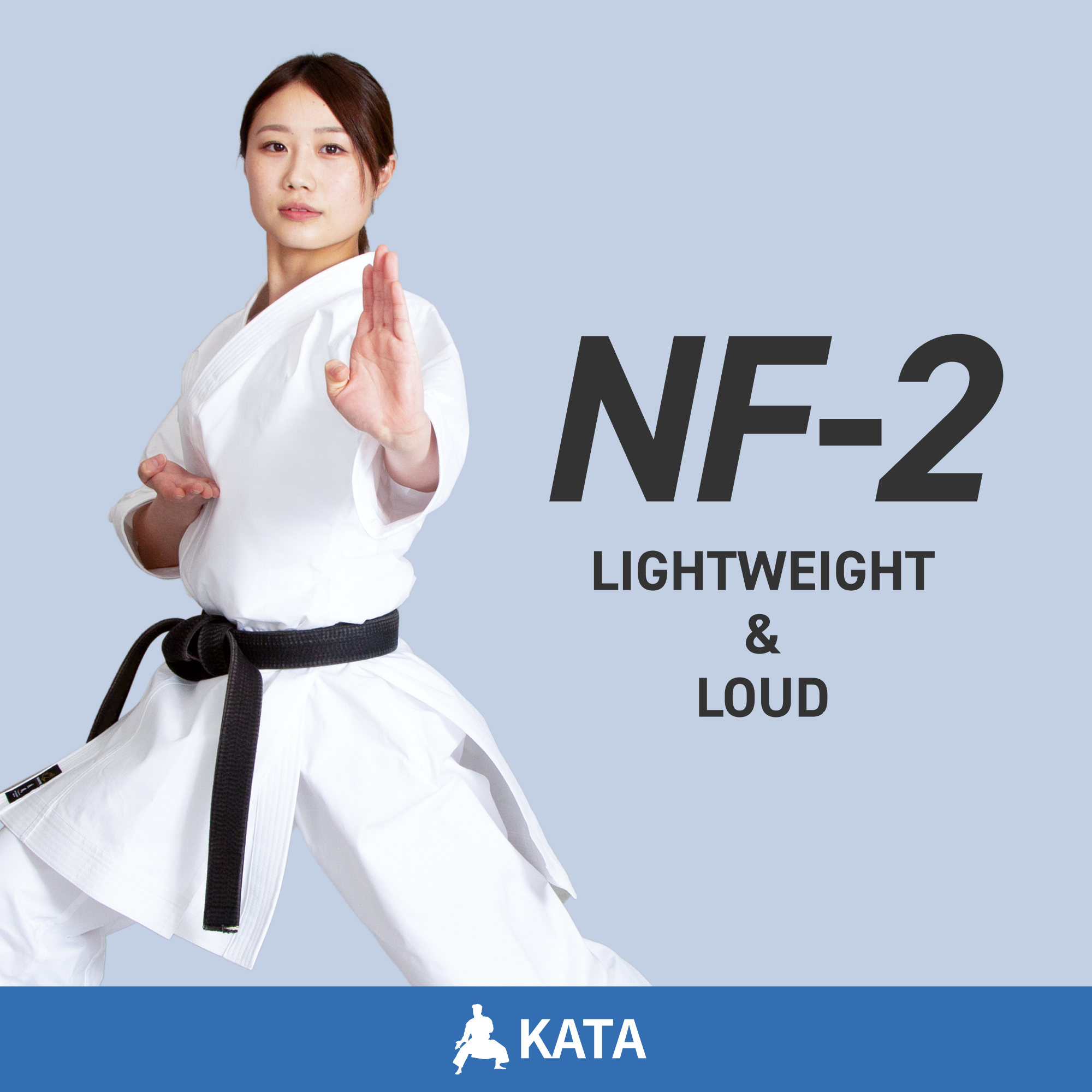 Person in a Hayate white martial arts uniform with black belt performing a stance, against a light blue background with 'NF-2' text and 'KATA' branding.