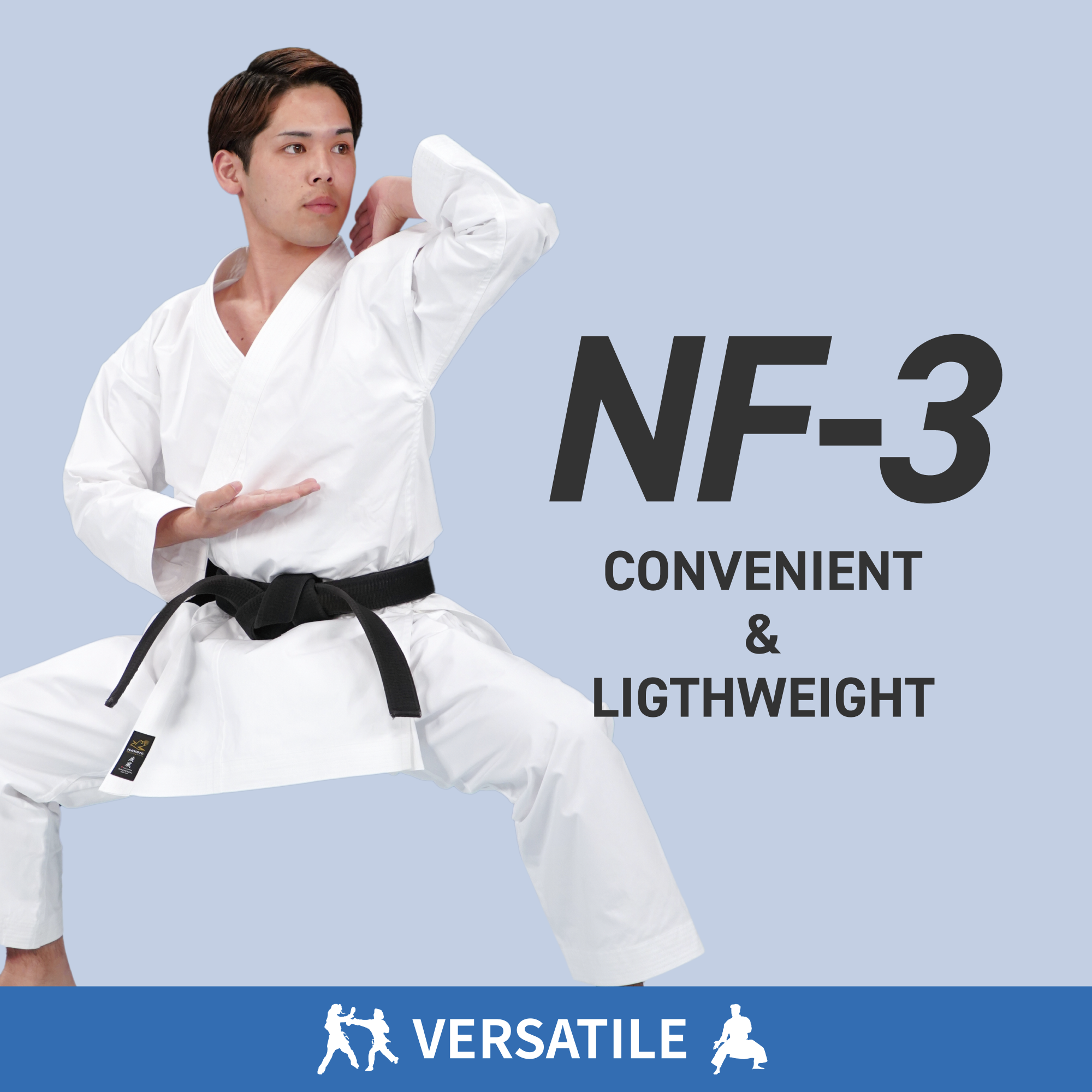 Person in a Hayate white martial arts uniform with a black belt on a light blue background, featuring text about NF-3 uniform.