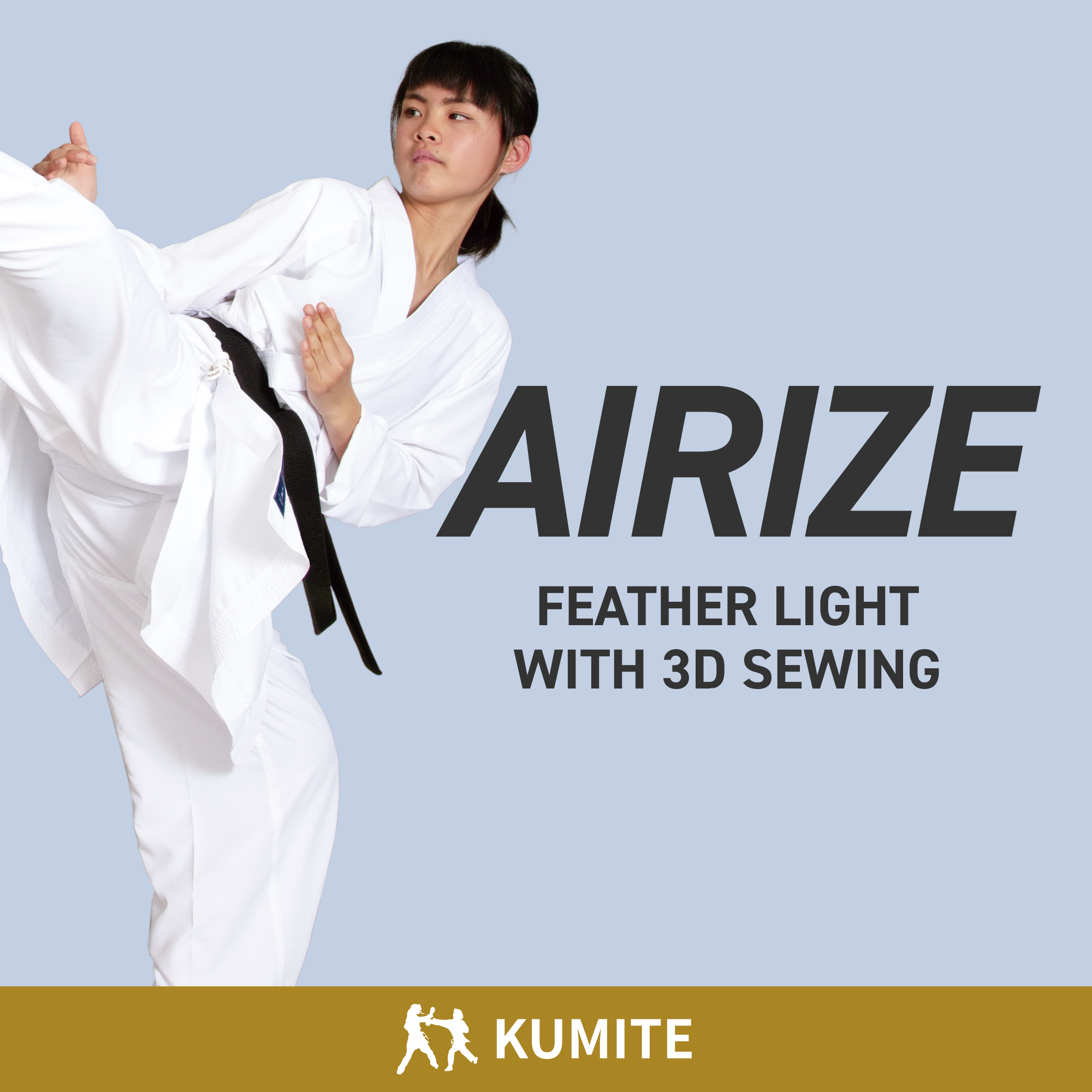 Person in a Hayate white martial arts uniform with black belt kicking, 'AIRIZE' branding visible