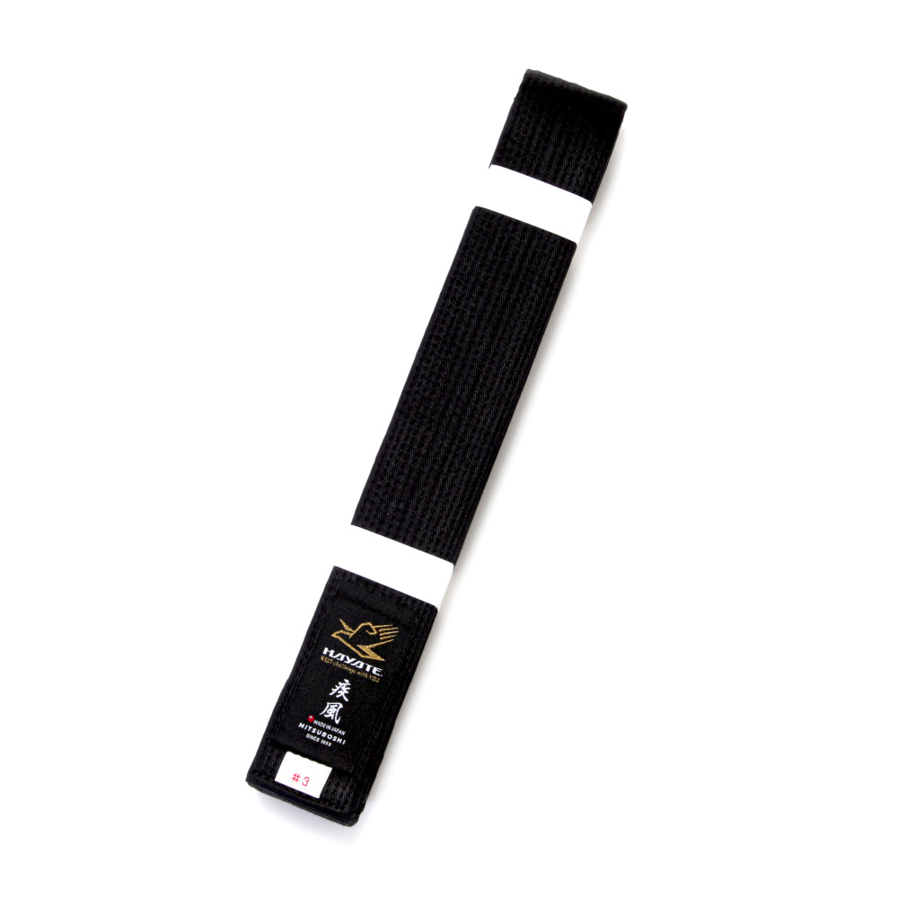 Black belt with a Hayate brand label on a white background