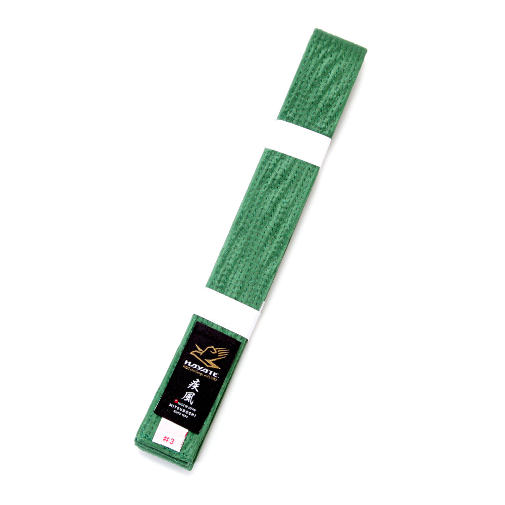 Green martial arts belt with a black Hayate label on a white background