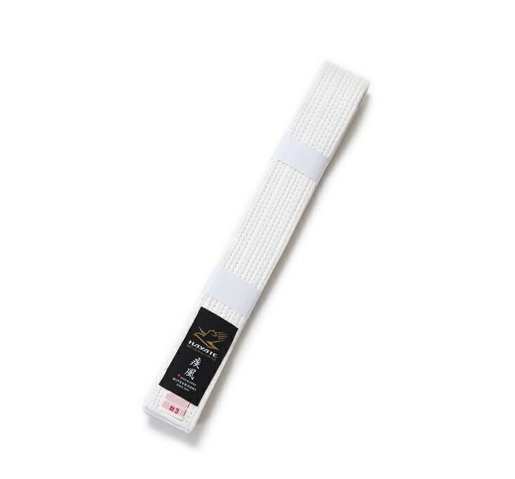 White martial arts belt with a Hayate brand label on a white background