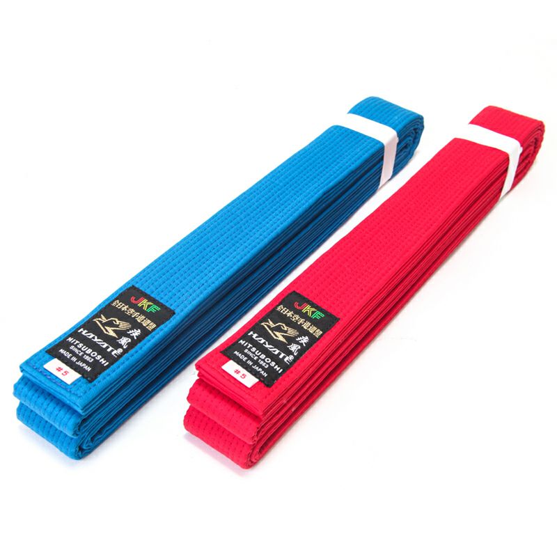 Blue and red belts with a Hayate brand label on a white background