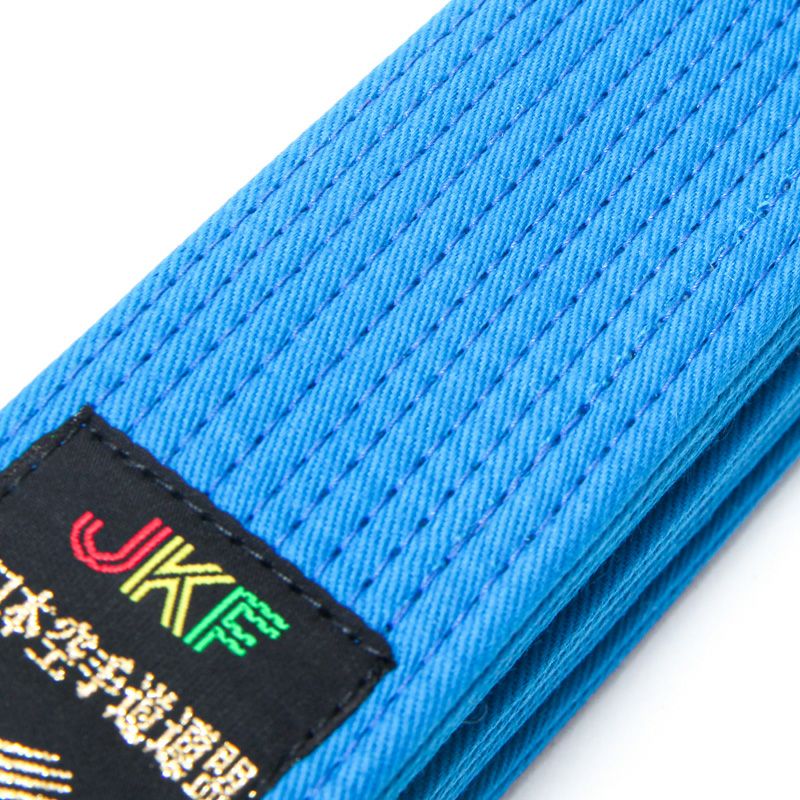 Blue belt with a brand label on a white background