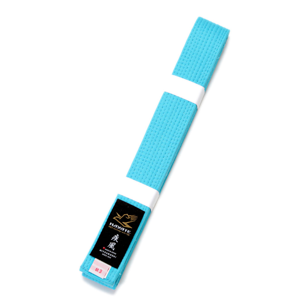 Blue martial arts belt with a Hayate brand label on a white background