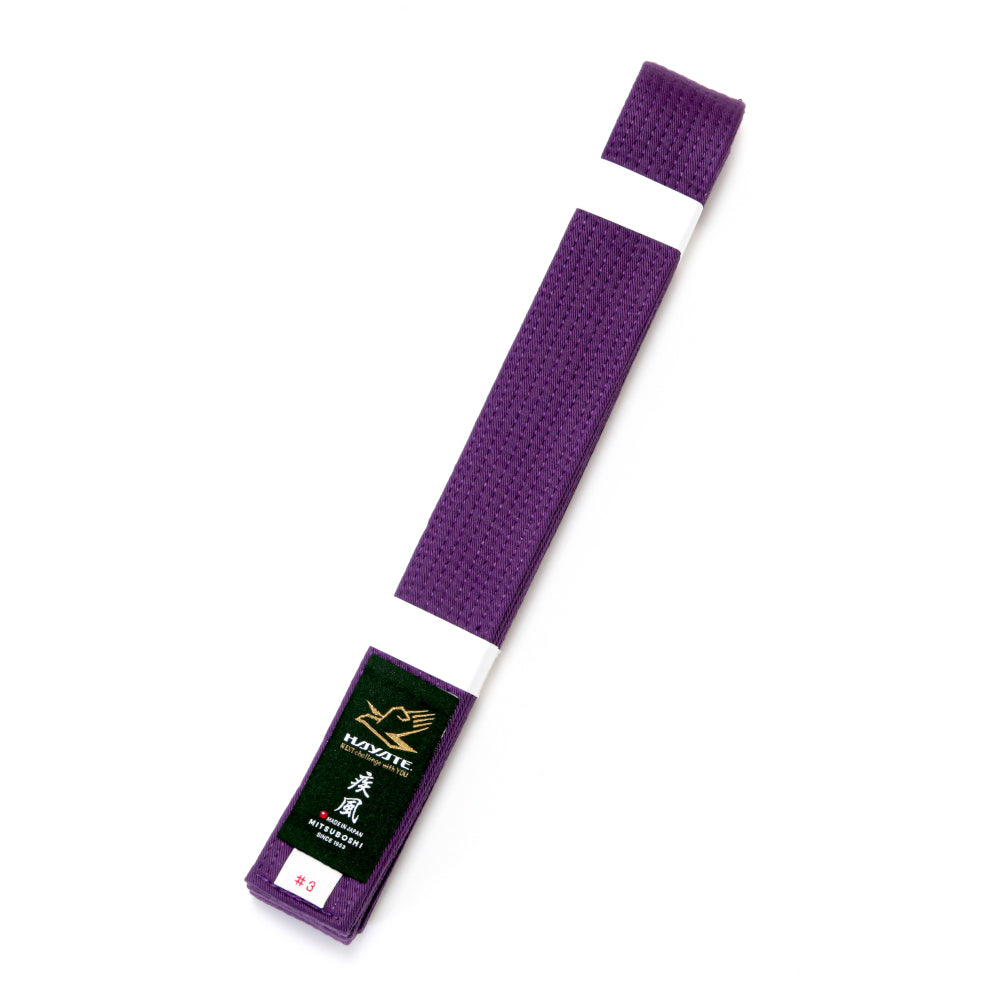 Purple martial arts belt with a Hayate brand label on a white background