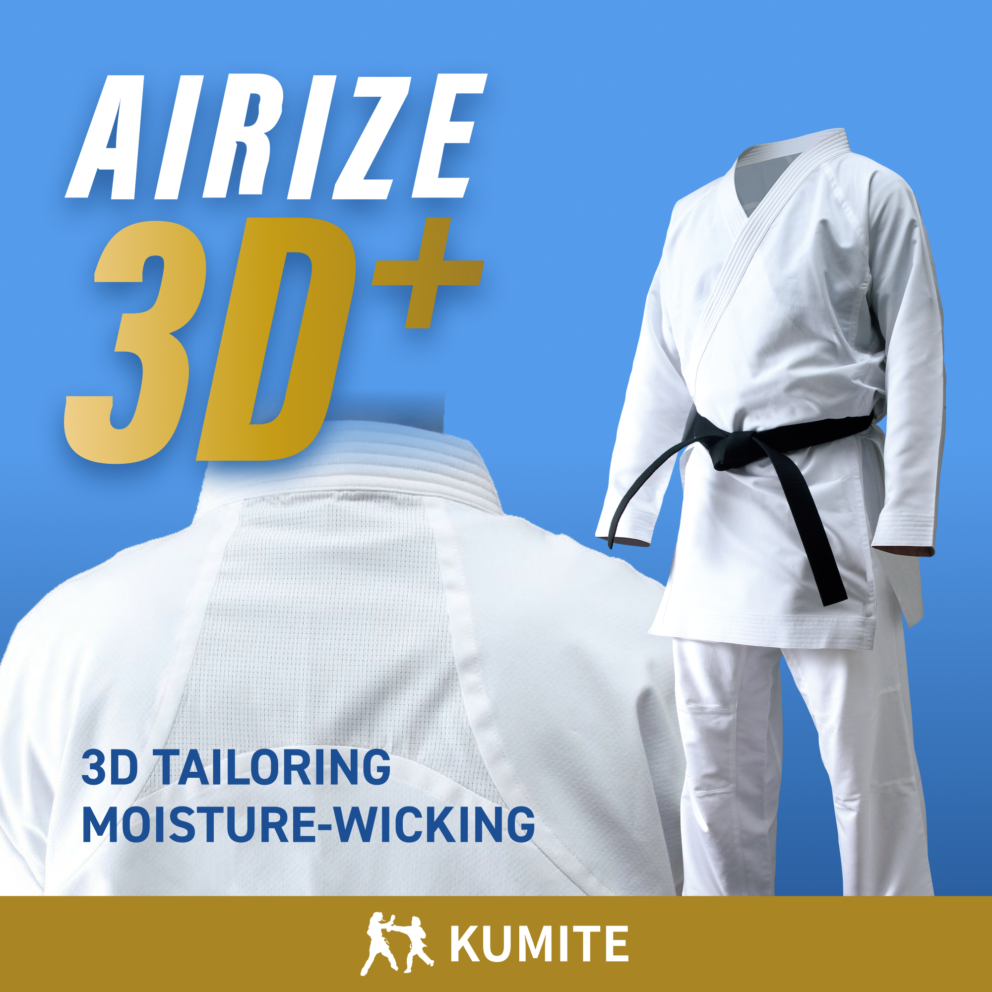 Hayate white martial arts uniform with black belt on a blue background, featuring 'AIRIZE 3D+' text.