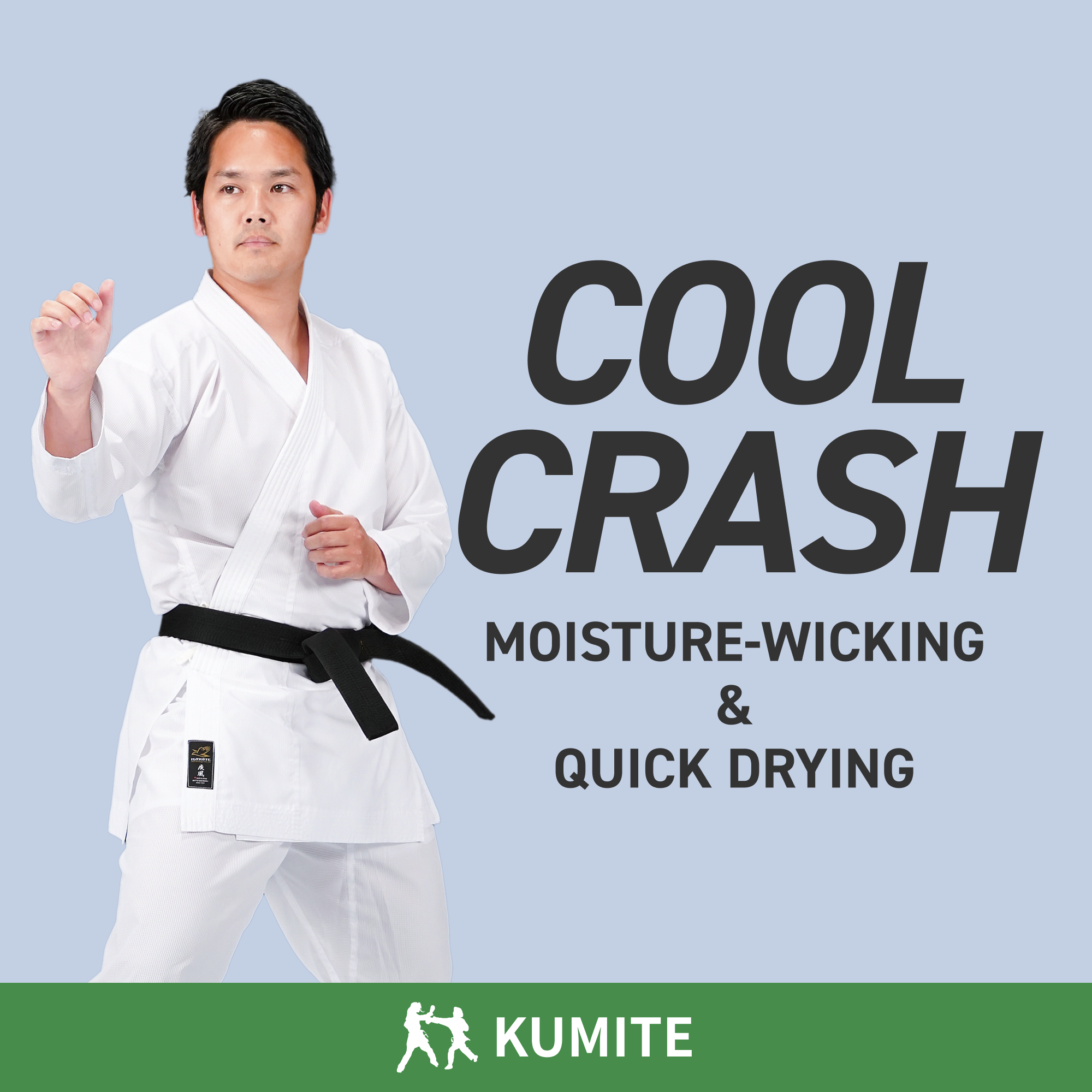 Person in a white martial arts uniform with text about 'Cool Crash' properties on a light blue background.