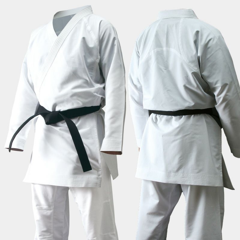 Hayate white martial arts uniform with black belts on a light gray background