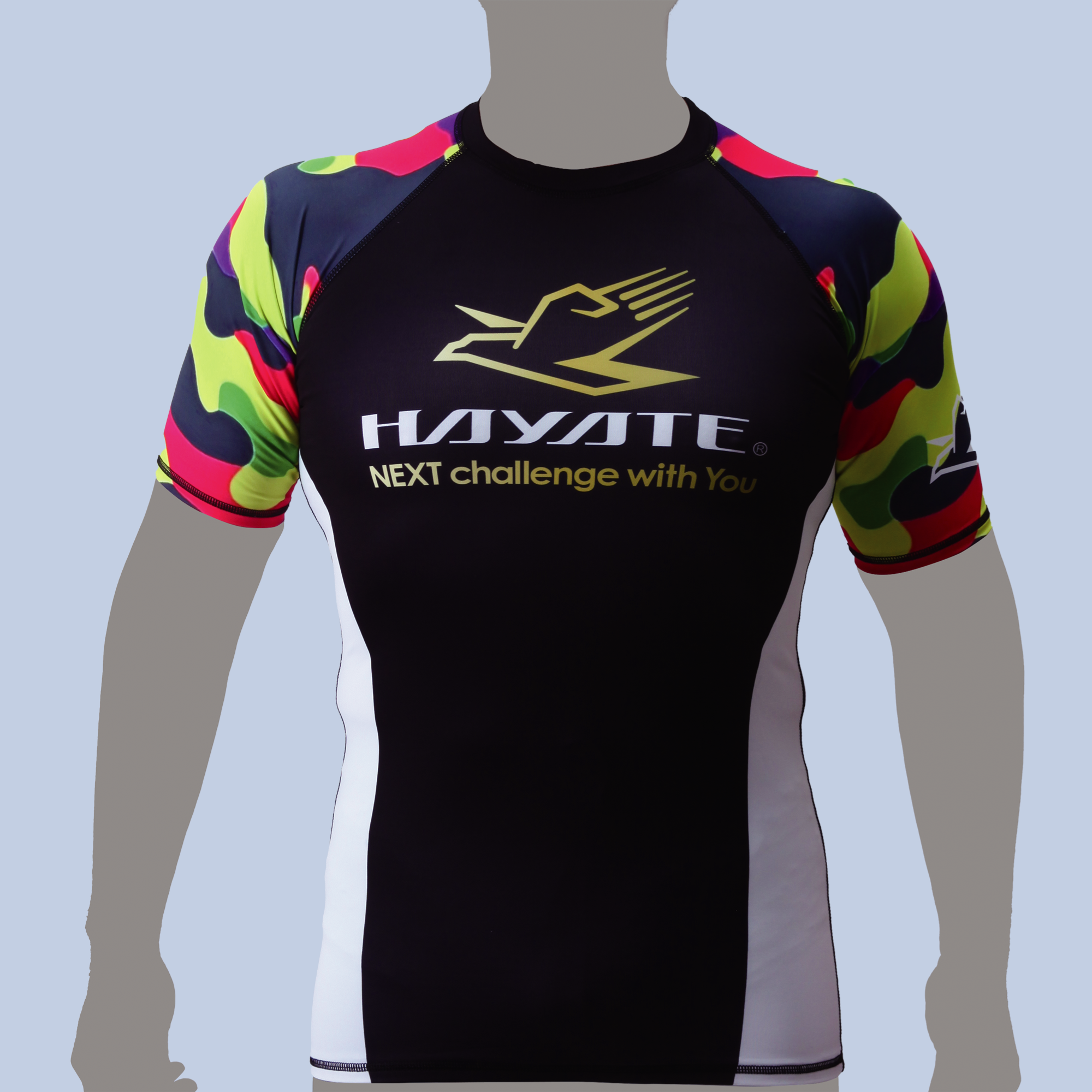Black sports shirt with colorful sleeves and Hayate branding on a light blue background