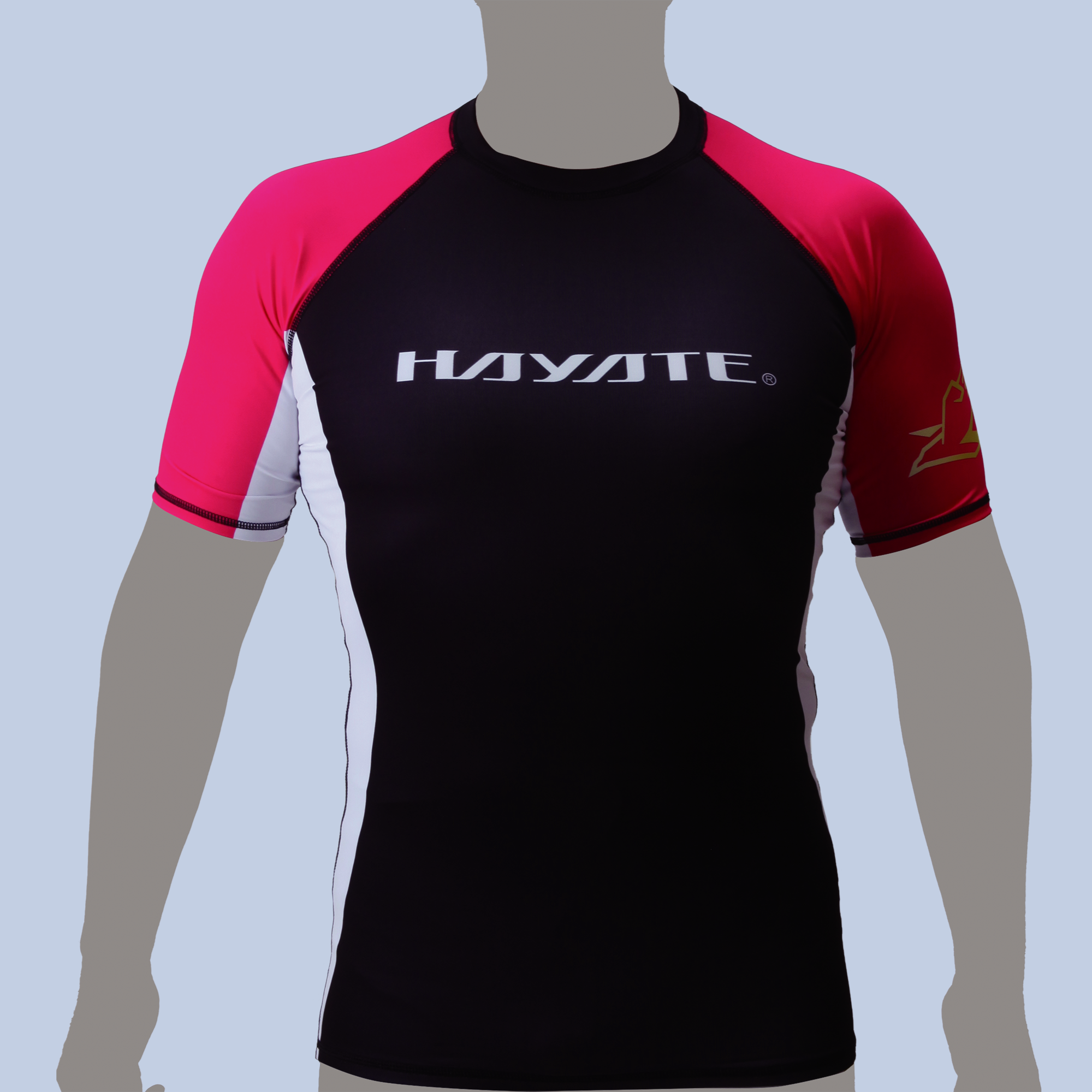 Black and pink Rash Guard with 'Hayate' branding on a light blue background